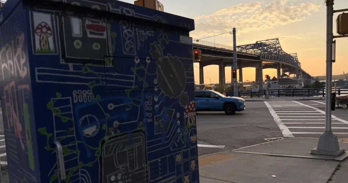 A hand-painted utility box at a crosswalk beneath the Braga Bridge at sunset