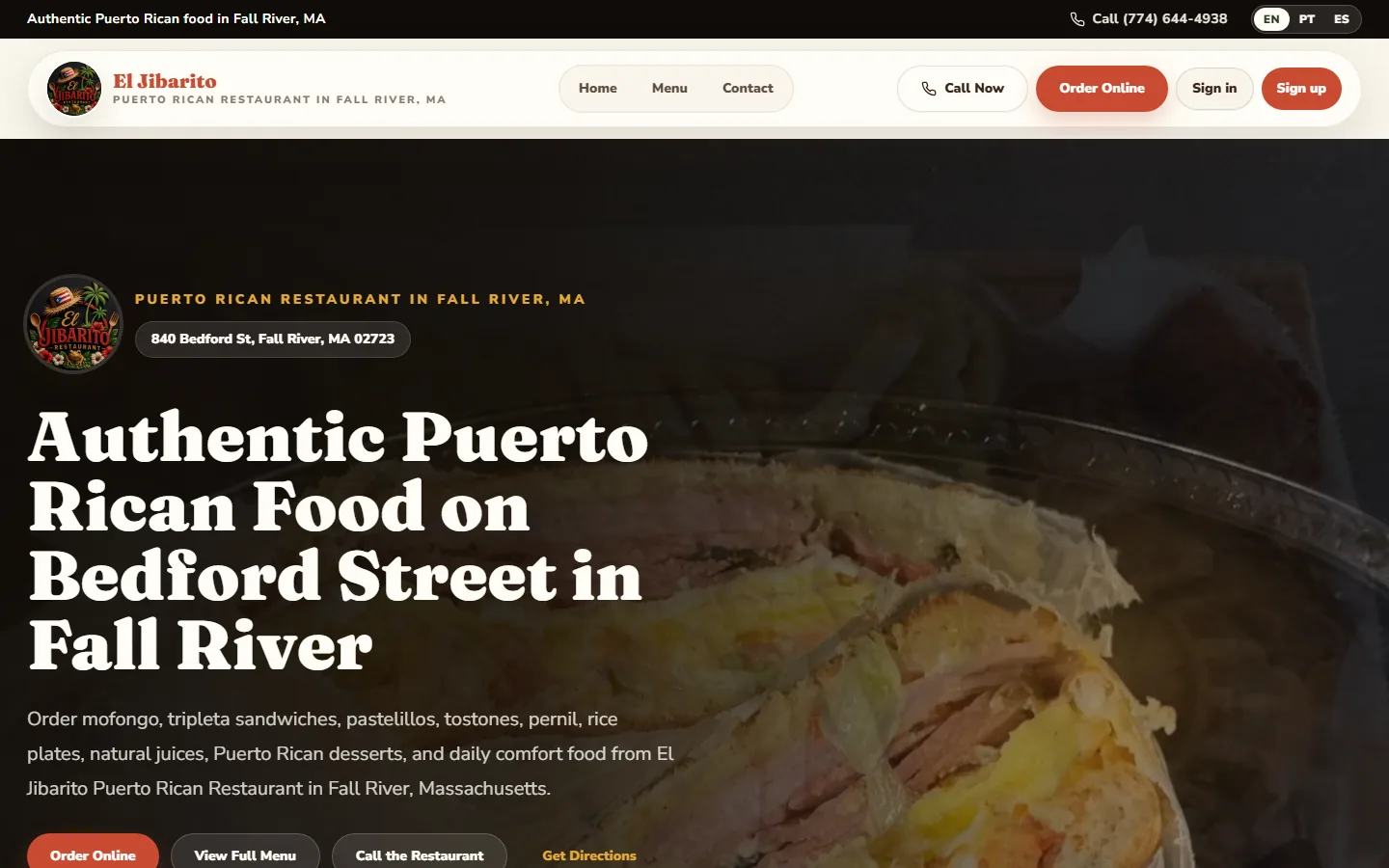 The new El Jibarito website on a desktop