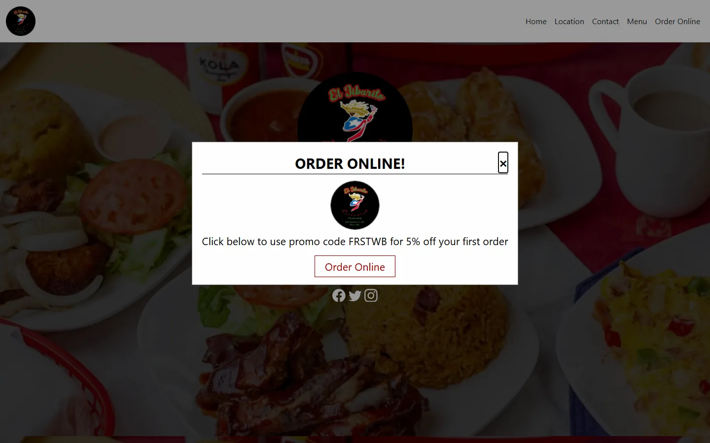 The old El Jibarito website on a desktop, covered by an order online pop-up