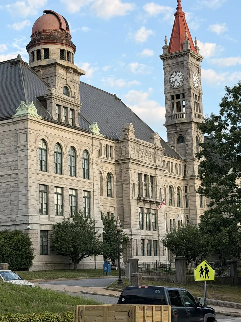 A grand civic building in Fall River, all stone and arched windows.