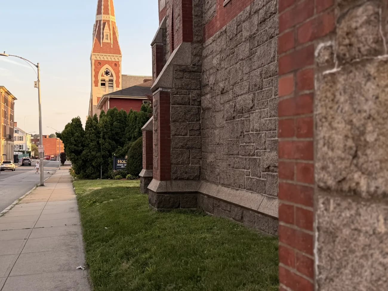 A red brick church and the streets around it in Fall River.