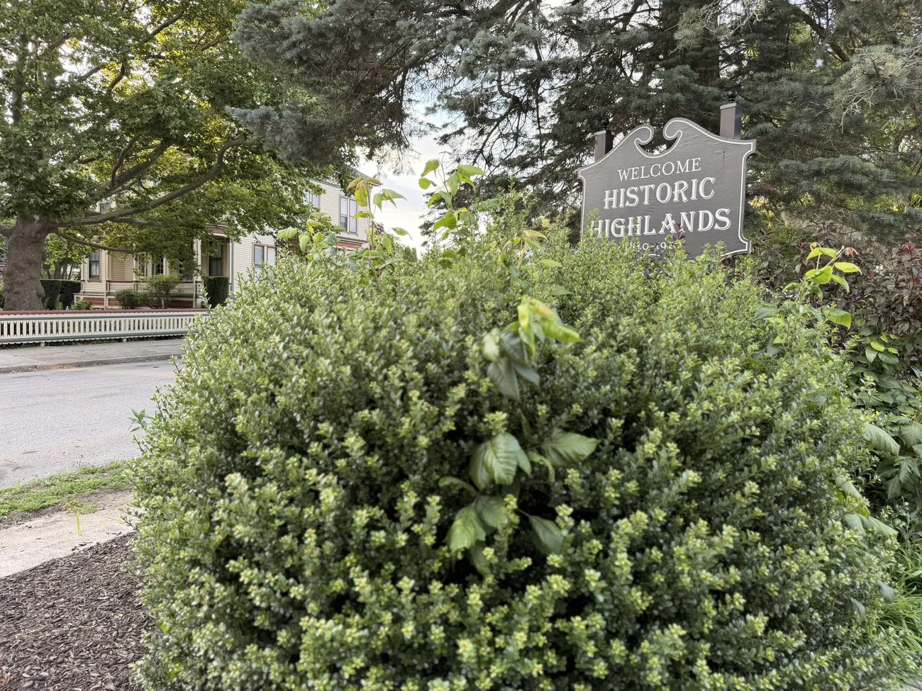 The Historic Highlands marker and a median planted with red begonias.