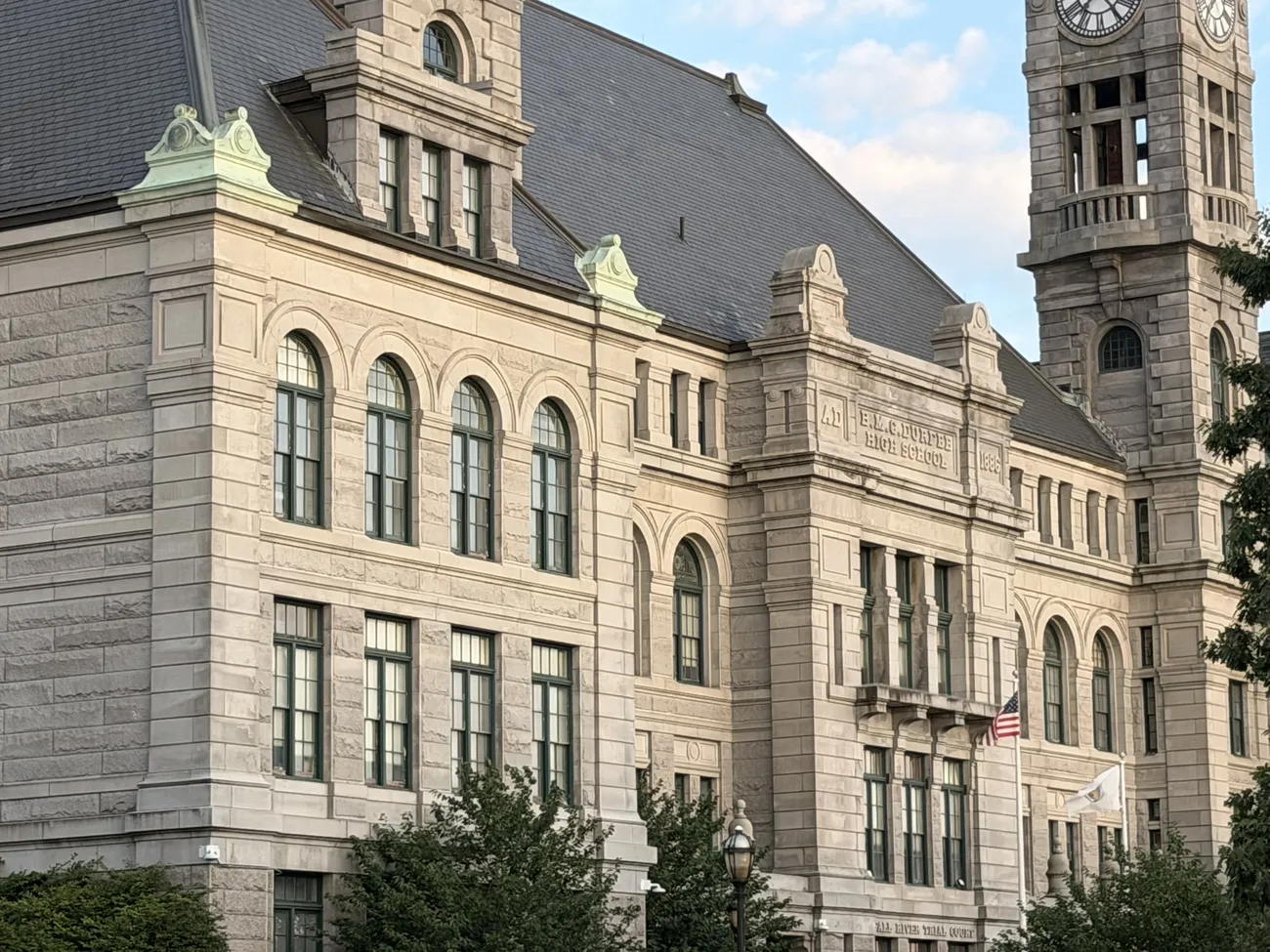 A grand civic building in Fall River, all stone and arched windows.
