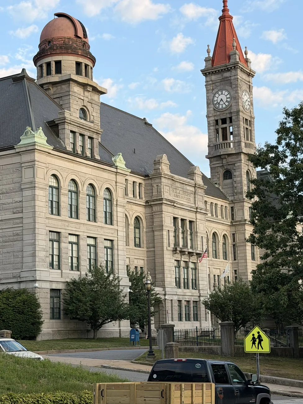 A grand civic building in Fall River, all stone and arched windows.