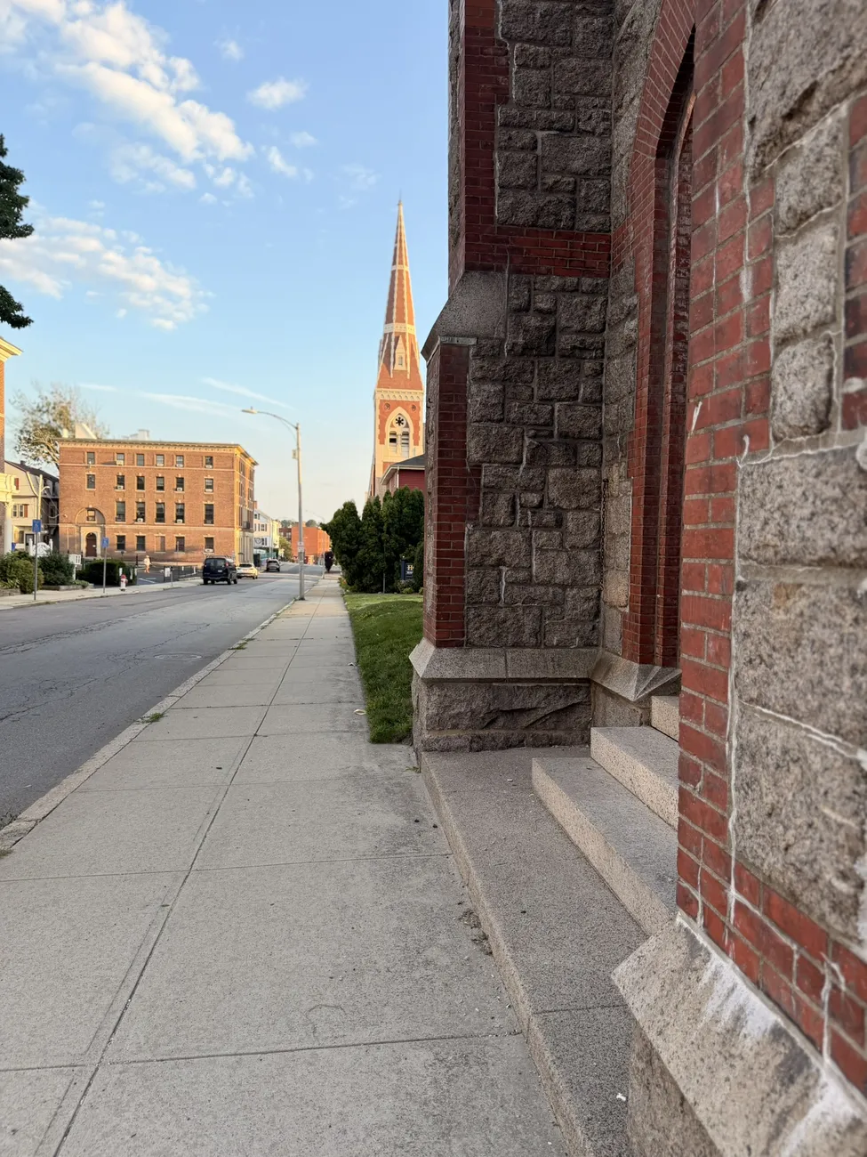 A red brick church and the streets around it in Fall River.