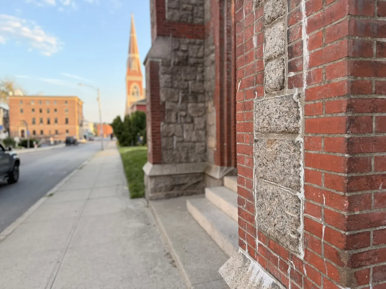 A red brick church and the streets around it in Fall River.
