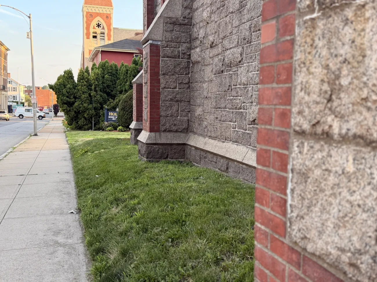 A red brick church and the streets around it in Fall River.