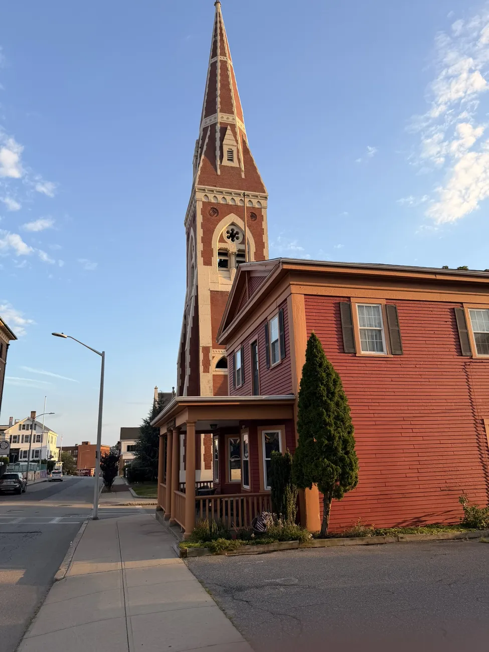 A red brick church and the streets around it in Fall River.