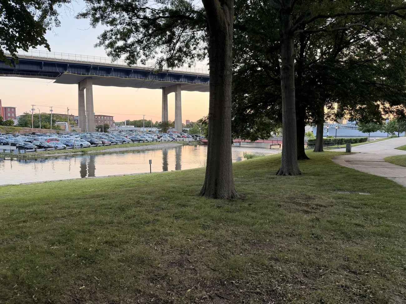 The Braga Bridge seen across the park on a summer evening.