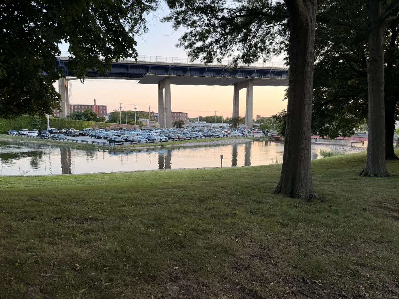 The Braga Bridge seen across the park on a summer evening.